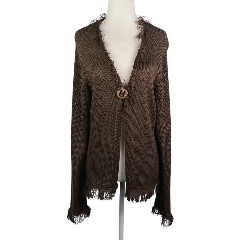 Vintage Chico's Brown Linen Blend Knit Cardigan Sweater Fringe Trim L